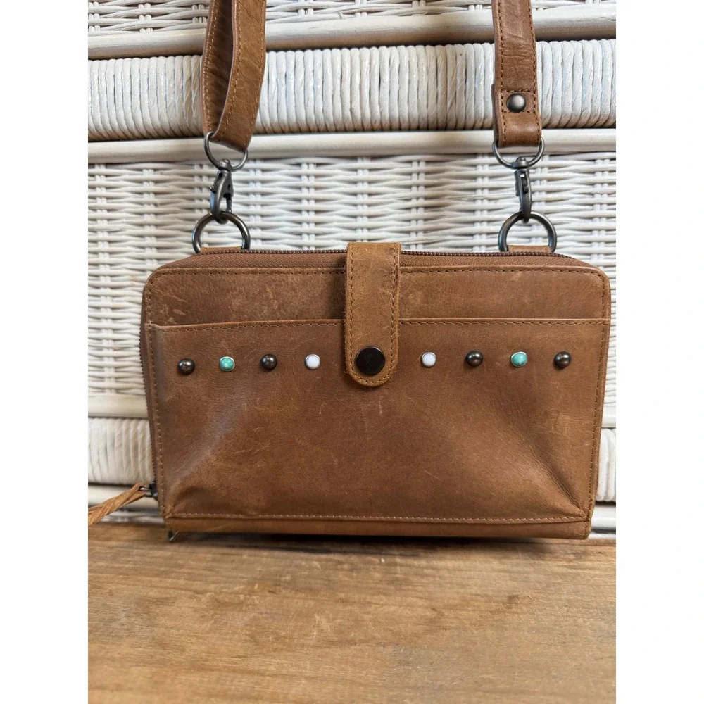 Brown Leather Concealed Carry Crossbody Bag Studded Western CCW Purse Brown - Picture 1 of 10